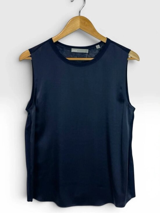 Vince Tops - VINCE Navy Silk Front Crew Neck Sleeveless Tank Top Blouse Size S